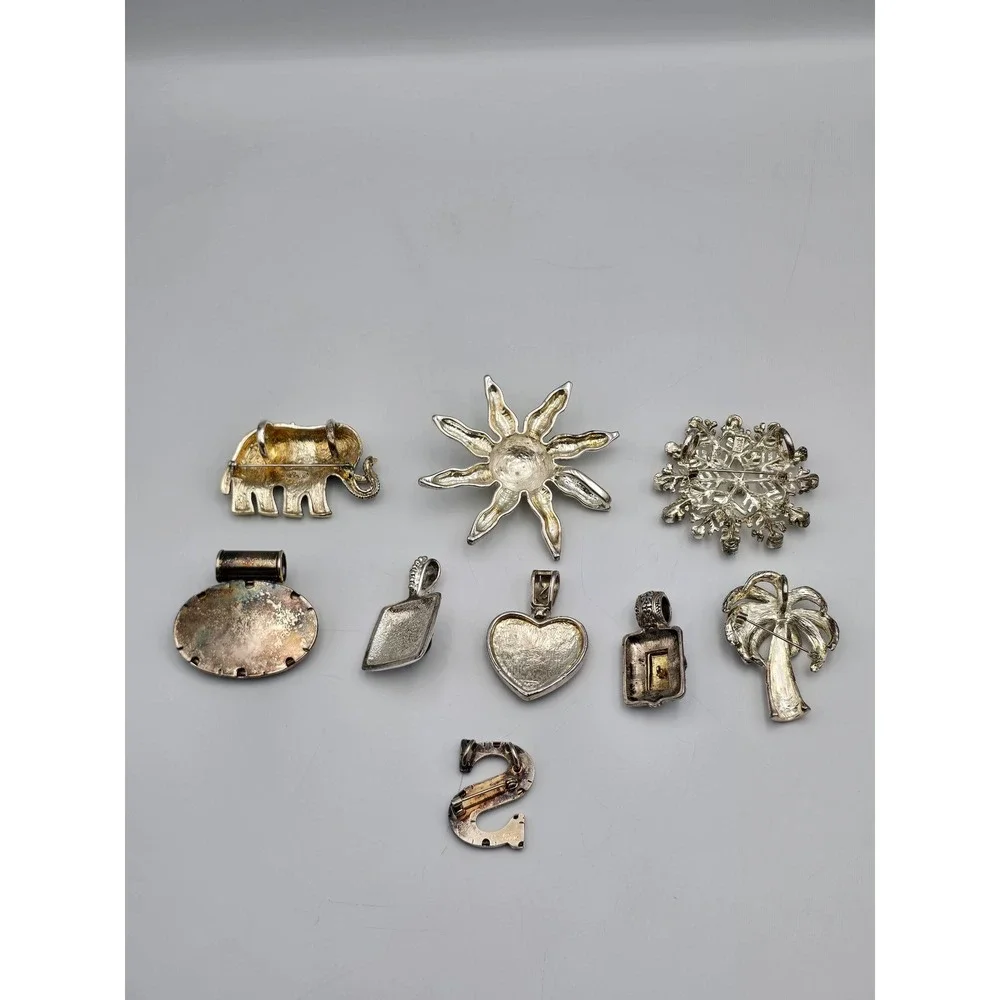 Lot of 9 Jewelry OS Silver Good Pendants‎ Brooches Elephant Sun Heart pendant